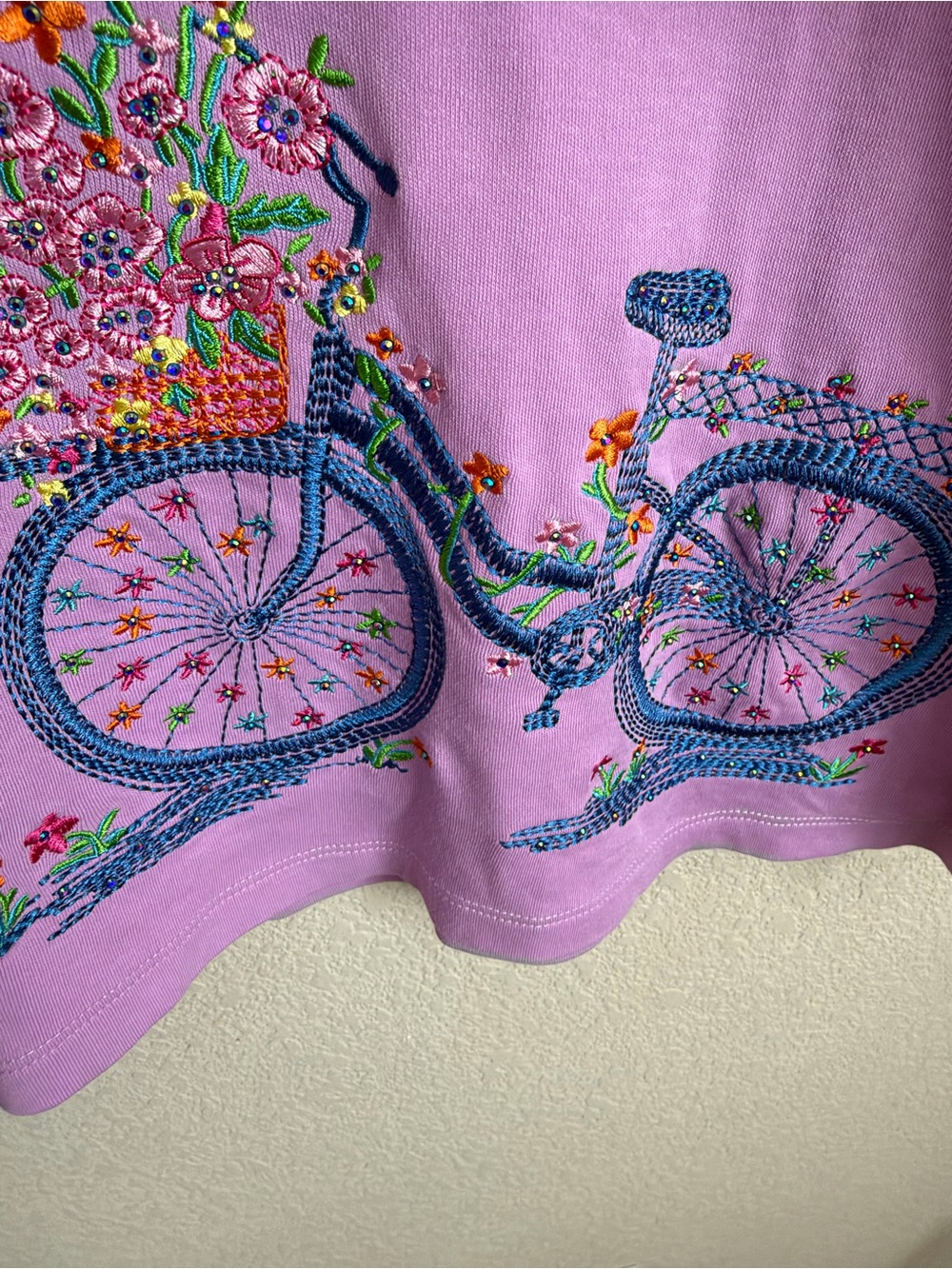 Quacker Factory Botanical Bicycle Embroidered Rhinestone Top XL Purple Whimsical - Picture 12 of 16